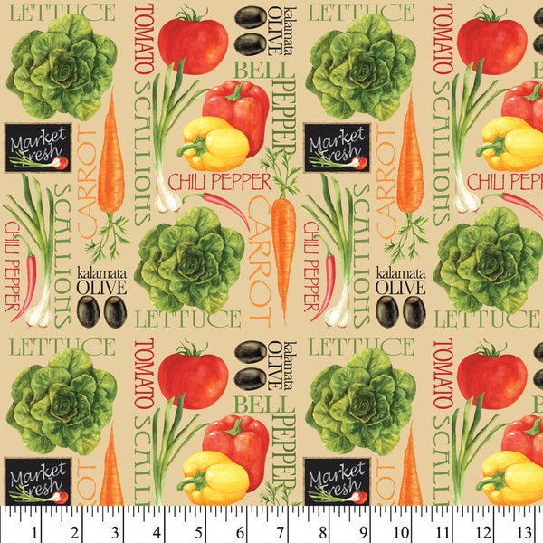 Market Fresh Vegetables Cotton Fabric, Precut 1 Yard Pieces