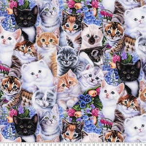 May include: A colorful fabric featuring a pattern of many adorable kittens with different colored fur and markings. The kittens are surrounded by a variety of flowers, including purple, pink, and blue.