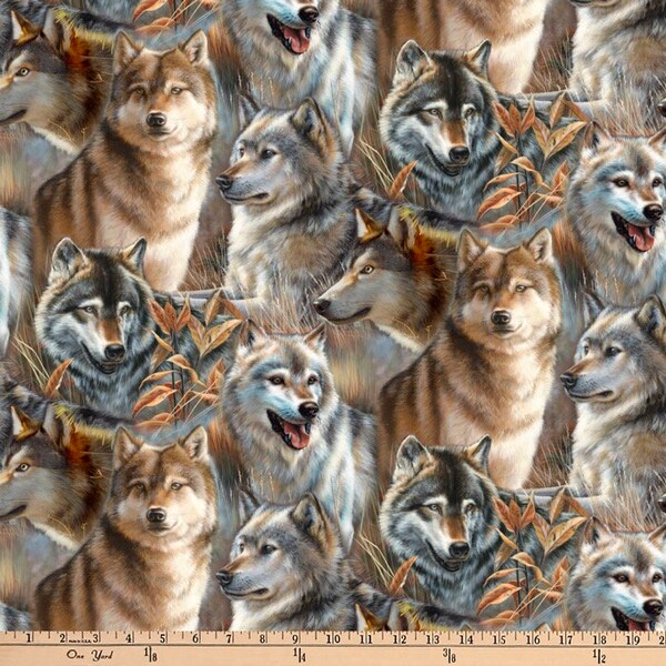 Wolves in Brush Digital Cotton Print Fabric By the Yard