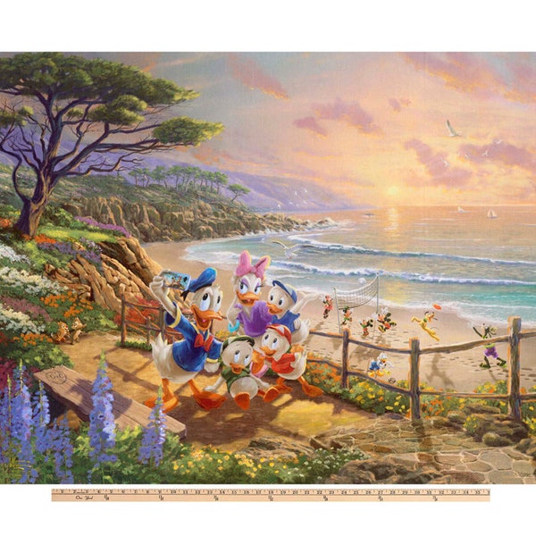 Donald Duck & Family Beach Disney by Thomas Kinkade licensed by David Textiles Digital Cotton Fabric Panel