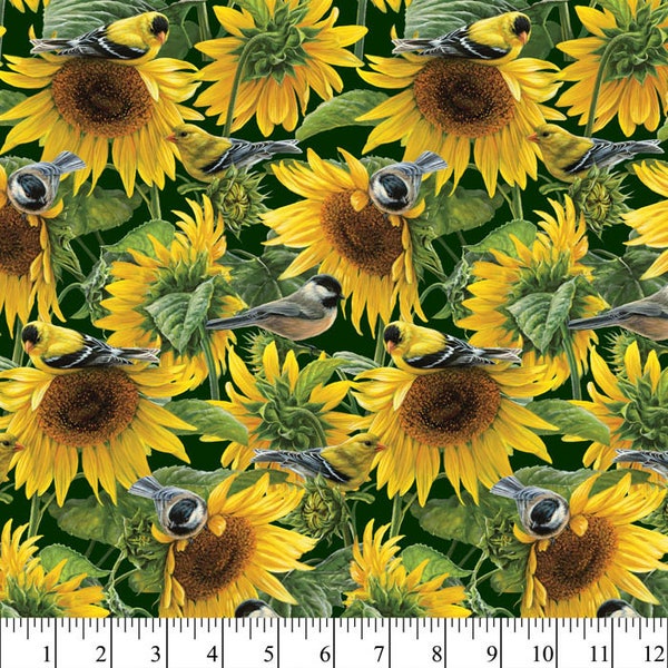 Sunflowers & Birds Cotton Fabric by the Yard