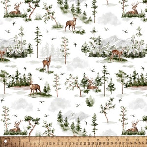 May include: A white background with a repeating pattern of watercolor illustrations of deer, trees, and mountains. The deer are brown with antlers and are standing in a forest setting. The trees are green and the mountains are gray. The pattern is perfect for fabric, wallpaper, or wrapping paper.