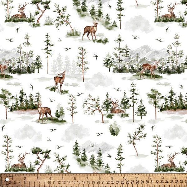 Deer & Pine Trees Cotton Fabric By The Yard
