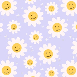 Peut inclure: Un motif répétitif sur fond violet clair représentant des fleurs de marguerite blanches avec des cœurs jaunes. Chaque fleur présente un visage souriant noir simple composé de deux points pour les yeux et d'une ligne courbe pour la bouche.