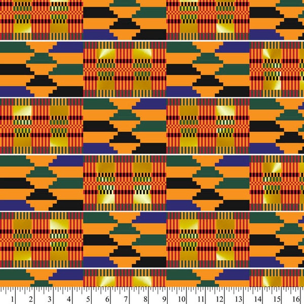 African Kente with Metallic Gold Cotton Fabric By the Yard