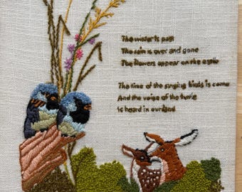 Vintage hand-embroidered wall art featuring birds, deer, & poetry | Folk Art