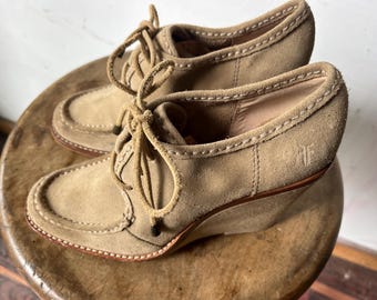 FRYE suede moc-toe LACE-up tan ankle wedge shoes.