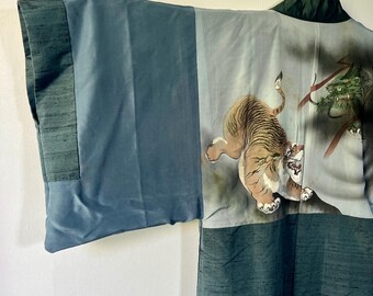 Vintage Japanese Silk Haori Kimono Jacket, Hand-Painted Tiger Dragon Motif