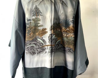 Vintage Japanese Silk Haori Kimono Jacket, Hand-Painted Mountain Village & Waterfall Motif