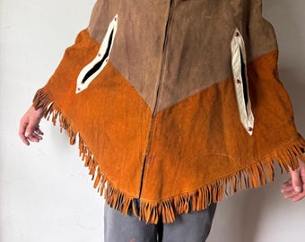 Vintage 70s Suede Fringe Poncho with White Leather Red Rhinestone Detail