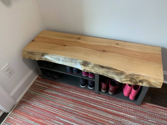 Live edge bench with shoe storage clearance