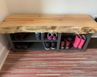 Live edge entryway bench, shelving, mudroom storage.