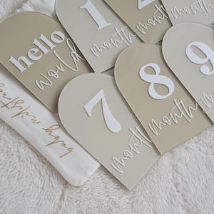 Panneau Hello World, cadeau nouvelle maman, cadeau baby shower, panneaux d'étape 4 x 6, ensemble mensuel de panneaux acryliques pour bébé, faire-part, accessoires photo, nouveau-né