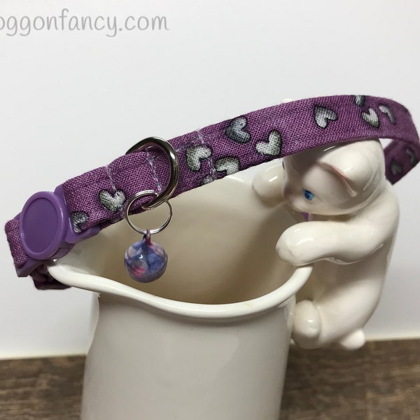 Silver Gray Hearts on Purple background cat collar with safety breakaway buckle and bell