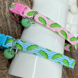 Pickles and Dill funny cat collar safety buckle and bell / Pink stripes or blue stripes cute and preppy - dog collar & martingales available