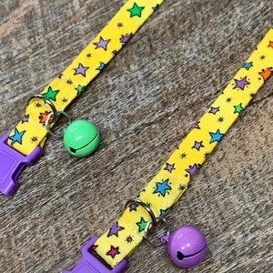 Stars on Yellow Rainbow Brite style cat collar with safety breakaway buckle and bell ~ Color options for buckle and bell