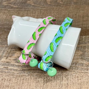 Pickles and Dill funny cat collar safety buckle and bell / Pink stripes or blue stripes cute and preppy - dog collar & martingales available