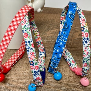 Country cowgirls love cat collar safety breakaway buckle and bell - you pick - red gingham, pretty meadows, blue bandanna