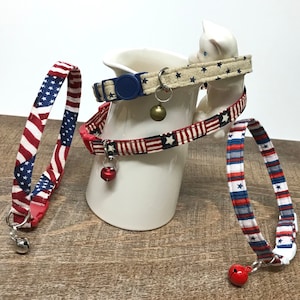 Americana Red White and Blue cat collars with safety breakaway buckle and bell ~ you pick which patriotic collar is best ~ USA 250th