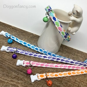 Go Fish cat collar with safety breakaway buckle and bell ~ you pick the color, rainbow, pink, blue, purple, orange
