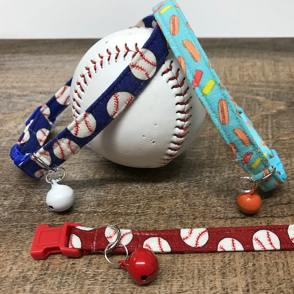 Ballpark summer cat collars with safety buckle and bell / breakaway collar / baseballs softballs hotdogs - dog collar & martingales too