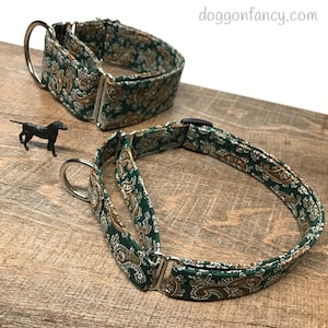 Old Man looking tie dark hunter green and brown Paisley dog collar martingale collar cat collar - handsome print