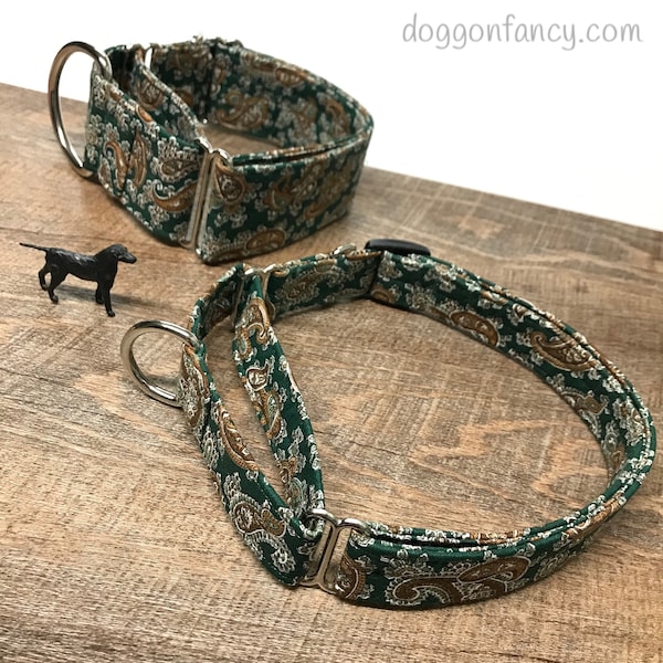 Old Man looking tie dark hunter green and brown Paisley dog collar martingale collar cat collar - handsome print