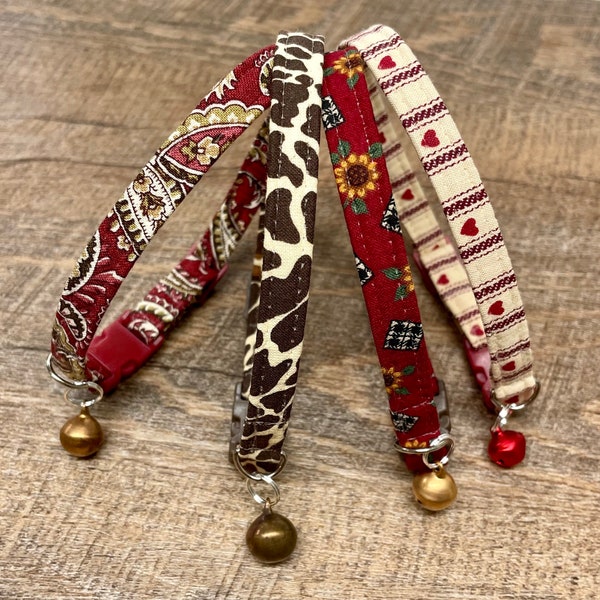 Country Reds • Hearts ticking, Paisley floral, Sunflowers on red, Giraffe brown cat collar safety breakaway buckle and bell - You pick one