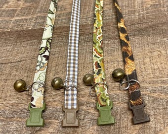 Wild Foliage, Tree Fungi, Plaid, Brindle Fur cat collar with safety breakaway buckle and antiqued copper bell -you pick pattern