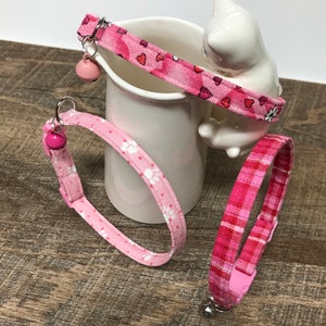 Pink plaid Hearts and paw prints cat collar with safety breakaway buckle and bell ~ You pick