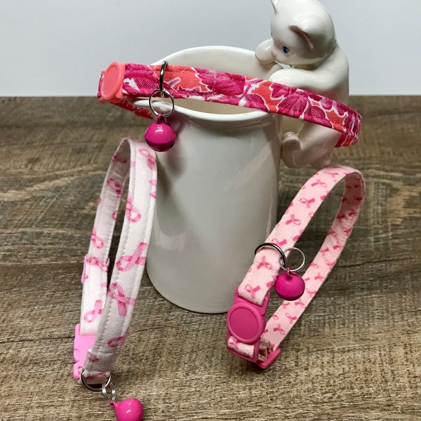Breast Cancer Support Ribbons and Hope safety breakaway buckle and Pink bell cat collar + option to add catnip toy ball and pillow