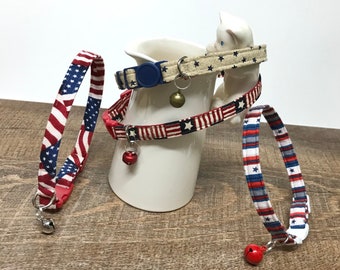 Americana Red White and Blue cat collars with safety breakaway buckle and bell ~ you pick which patriotic collar is best