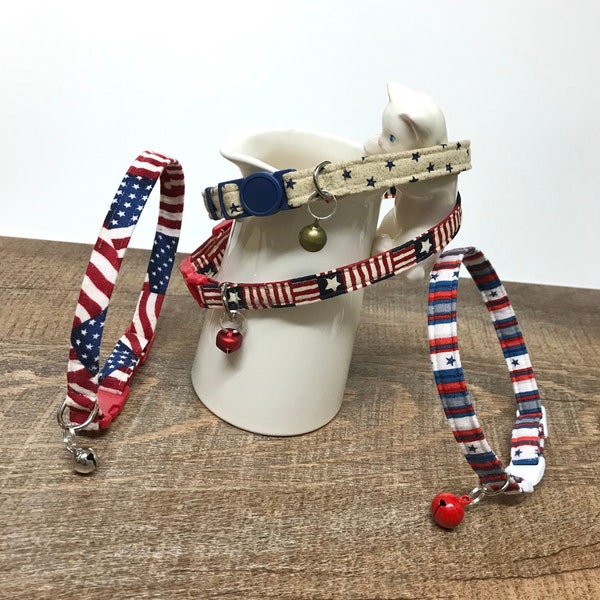 Americana Red White and Blue cat collars with safety breakaway buckle and bell ~ you pick which patriotic collar is best