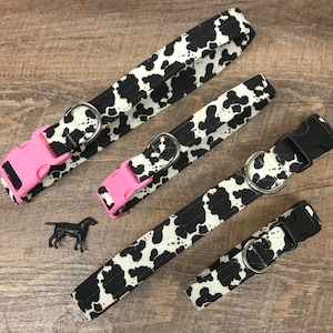 May include: Three black and white cow print dog collars with different colored buckles. The collars are made of fabric and have a black and white cow print pattern. The buckles are pink, black, and silver.