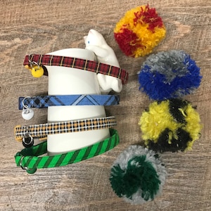 What House does your little Wizard belong to? Harry Potter inspired Cat collar, safety breakaway buckle, bell + matching catnip Pom Pom