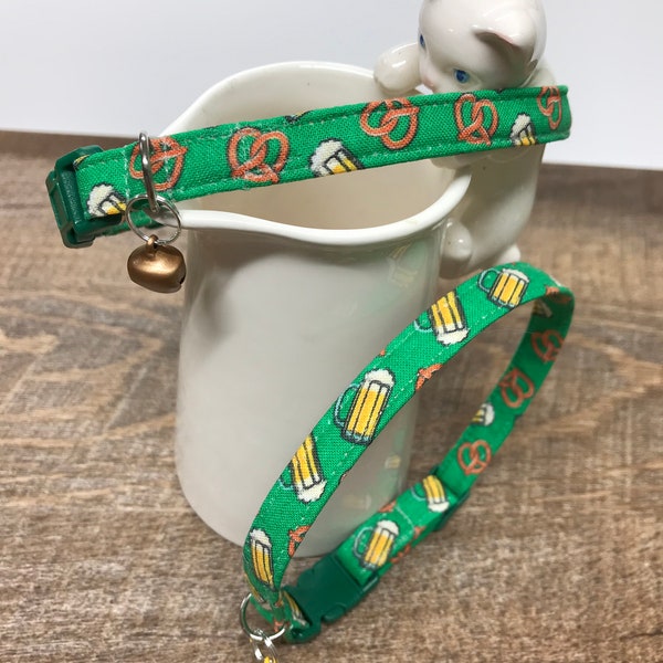 Beer Pints Jugs IPA and Salty Pretzel snacks cat collars with safety breakaway buckle and bell ~ 2 collar choices - man cave bar kitty ale