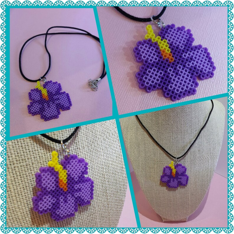 Purple Hibiscus Perler Bead Flower Necklace Etsy