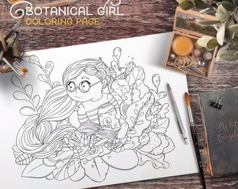 Cute Girl Adult Coloring Page / Floral Doodle Illustration Flowers Digital Download pdf Printable Coloring from coloring book by Jen Katz