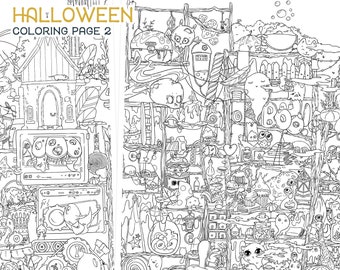 Halloween Malseite Niedlichen Herbst Doodle Digitaler Download Pdf Druckbare Pilztrank Katzenschädel Malseite für Erwachsene von Jen Katz