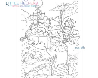 Christmas Coloring Page / Cute Little xmas Helpers Winter Adult coloring Page kawaii Santa Doodle Digital Download pdf Printable by Jen Katz