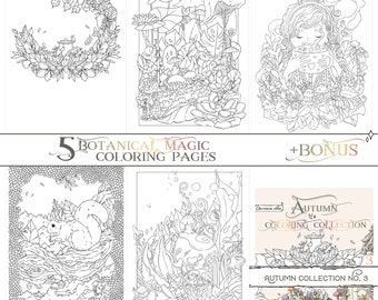 Op de afbeelding: Vijf zwart-witte kleurplaten met fantasievolle illustraties van paddenstoelen, bloemen en boswezens. De titel "Botanical Magic Coloring Pages" staat bovenaan de afbeelding. De tekst "Autumn Coloring Collection No. 3" staat onderaan de afbeelding.