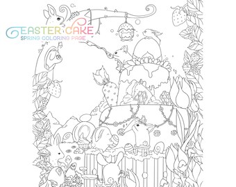 Easter Coloring Page Cute Bunnies Spring Adult Coloring Page Cake Eggs digi stamp kawaii Doodle Digital Download pdf Printable by Jen Katz