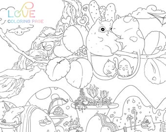 Página para colorir de amor / Página para colorir de gatos do Dia dos Namorados / Corações pdf para imprimir / colorir para adultos / download digital ilustrado por Jen Katz