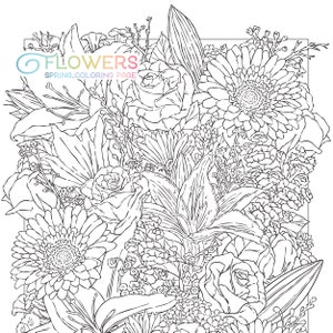 Flowers Coloring Page Floral Adult Coloring Page Spring Bouquet Botanical Lineart Spring Flower Digital Download pdf Printable by Jen Katz