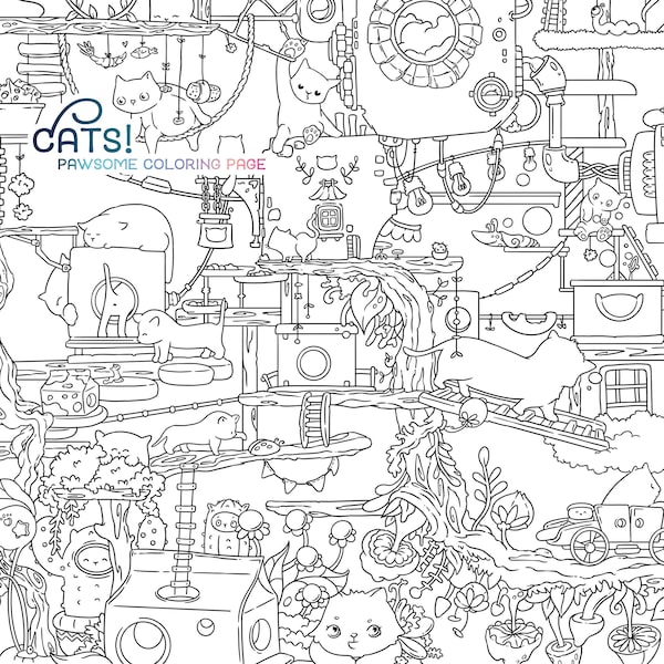 Cats Adult Coloring Page No. 1 Spring pdf printable Kittens cute kawaii doodle kitty digi stamp digital download illustrated by Jen Katz