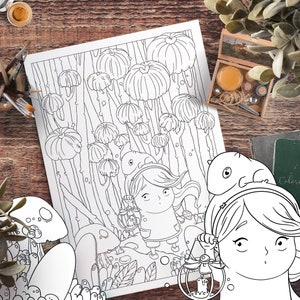 Cute Girl and Mushrooms Adult Coloring Page / Forest Illustration Digital Download pdf Printable Coloring for kids and adults by Jen Katz