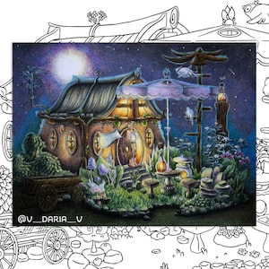 May include: A whimsical illustration of a cozy cottage with a round door, a purple umbrella, and a lantern. The cottage is surrounded by lush greenery and flowers, with a starry night sky in the background.
