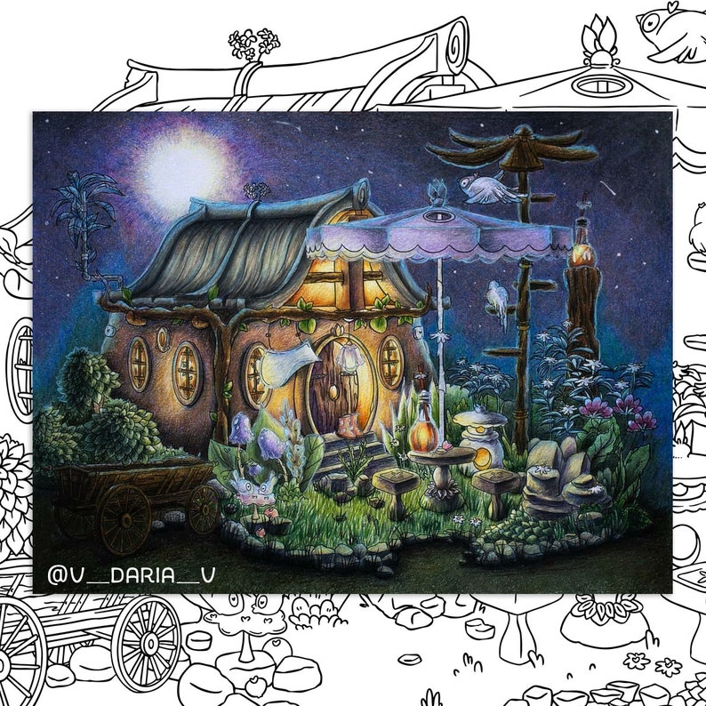 May include: A whimsical illustration of a cozy cottage with a round door, a purple umbrella, and a lantern. The cottage is surrounded by lush greenery and flowers, with a starry night sky in the background.