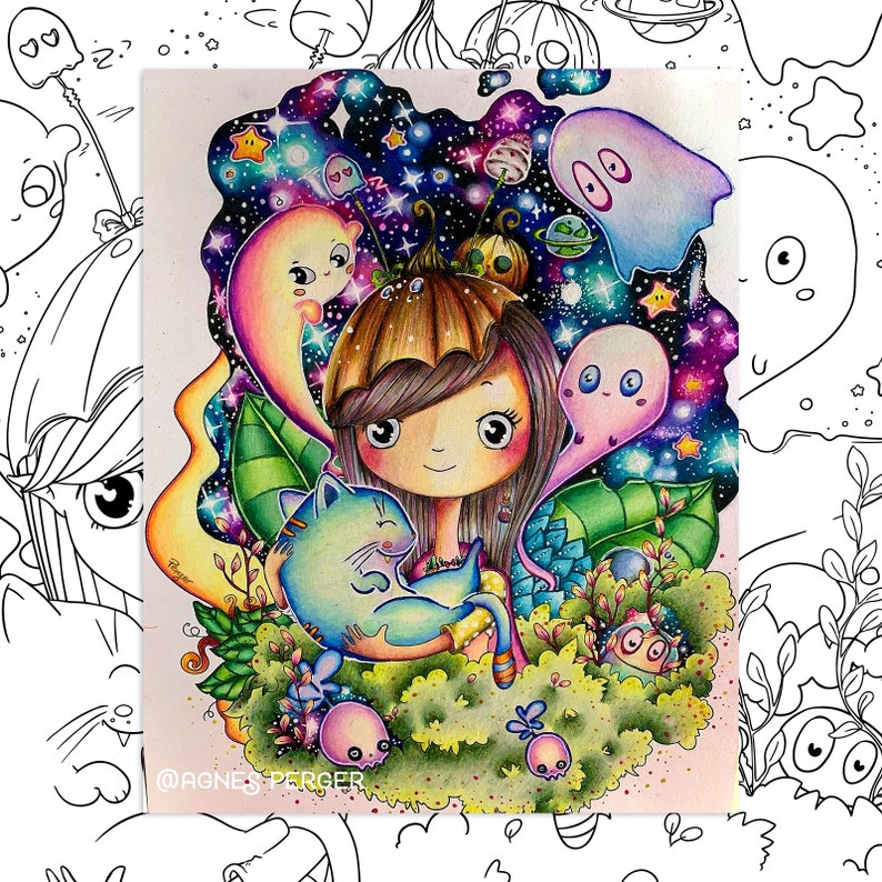 May include: A colorful illustration of a girl with brown hair holding a blue cat. The girl is surrounded by a galaxy of stars, planets, and ghosts. The illustration is framed by a pink border and includes the text "@AGNES_PERGER".