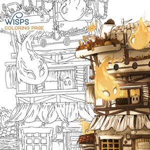 Wisps - Spooky House Halloween Adult Coloring Page Cute Home Haunted Ghost Autumn Sprites Pumpkin Digital Download pdf printable by Jen Katz